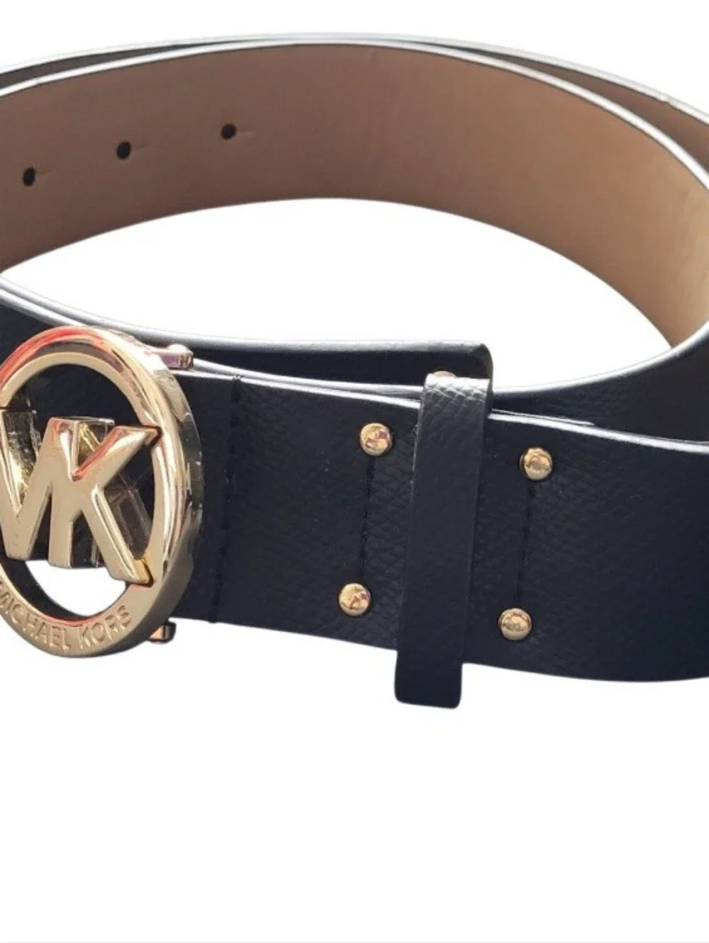 Michael Kors Women's Size LGE Circle-Buckle Genuine Leather Belt Black/ Gold NWT